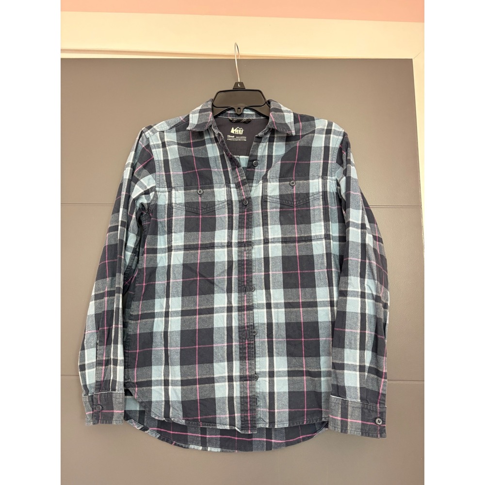 REI Co-op Womens Blue Black Pink Plaid Flannel Button Down Shirt XS Cotton